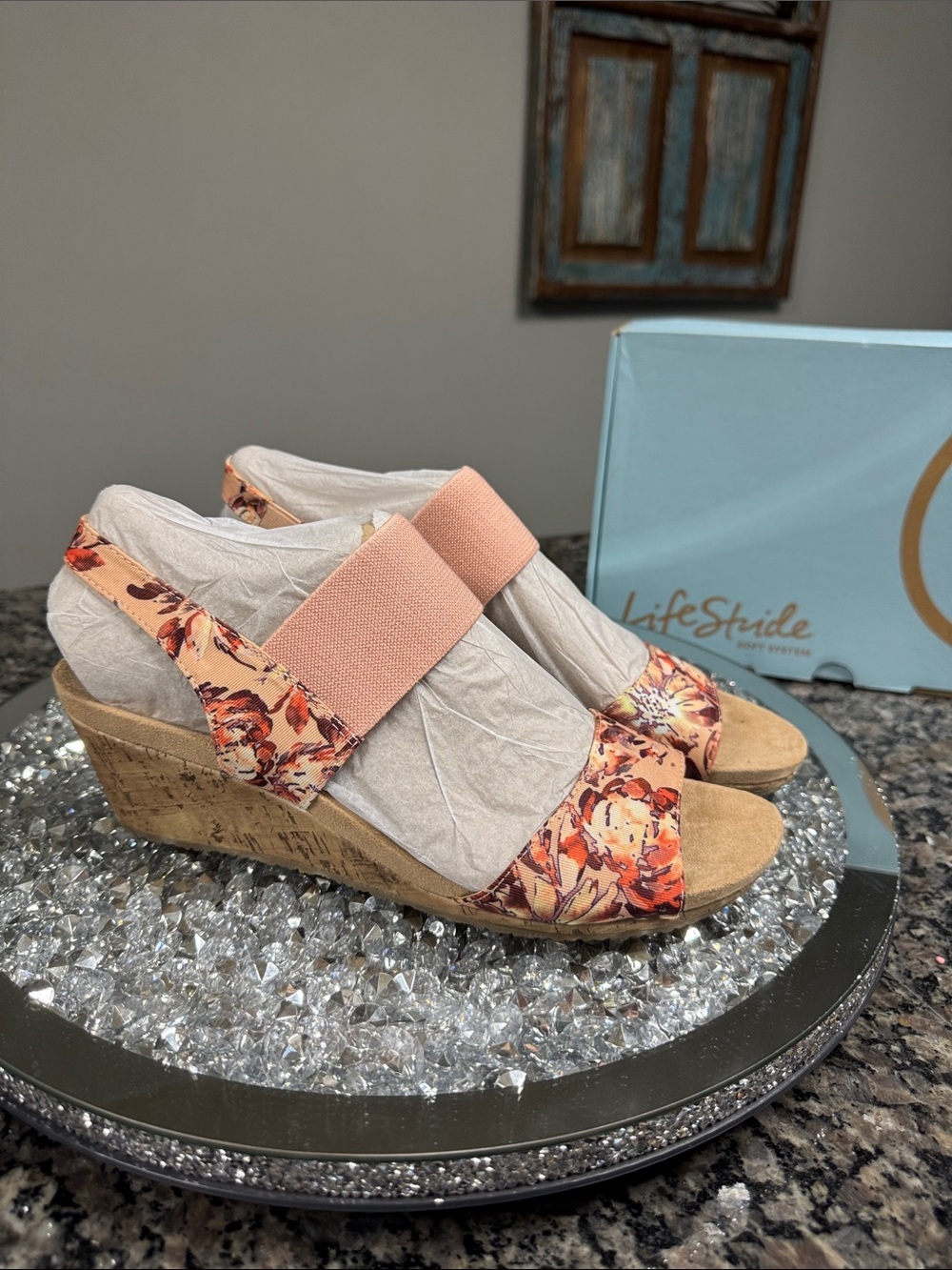 Life Stride Peach Floral Elastic Strap cork Wedge Sandals NEW 9